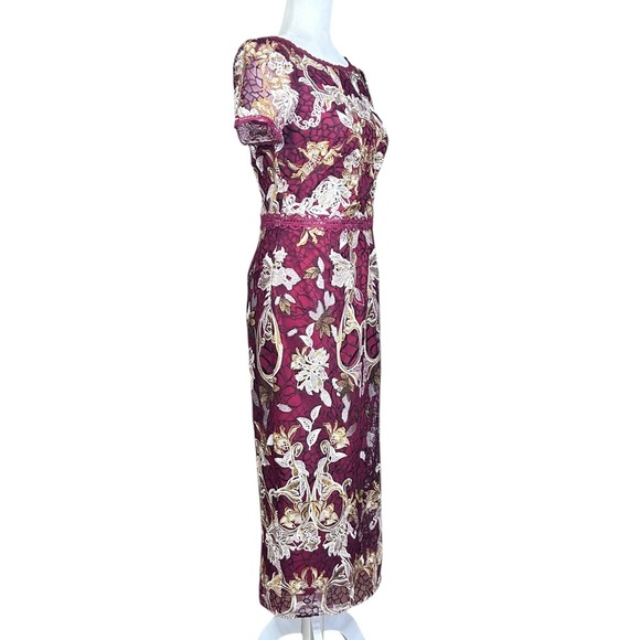 MARCHESA NOTTE Embroidered Guipure Tea Dress 4 Floral Metallic Holiday Party - Picture 5 of 16